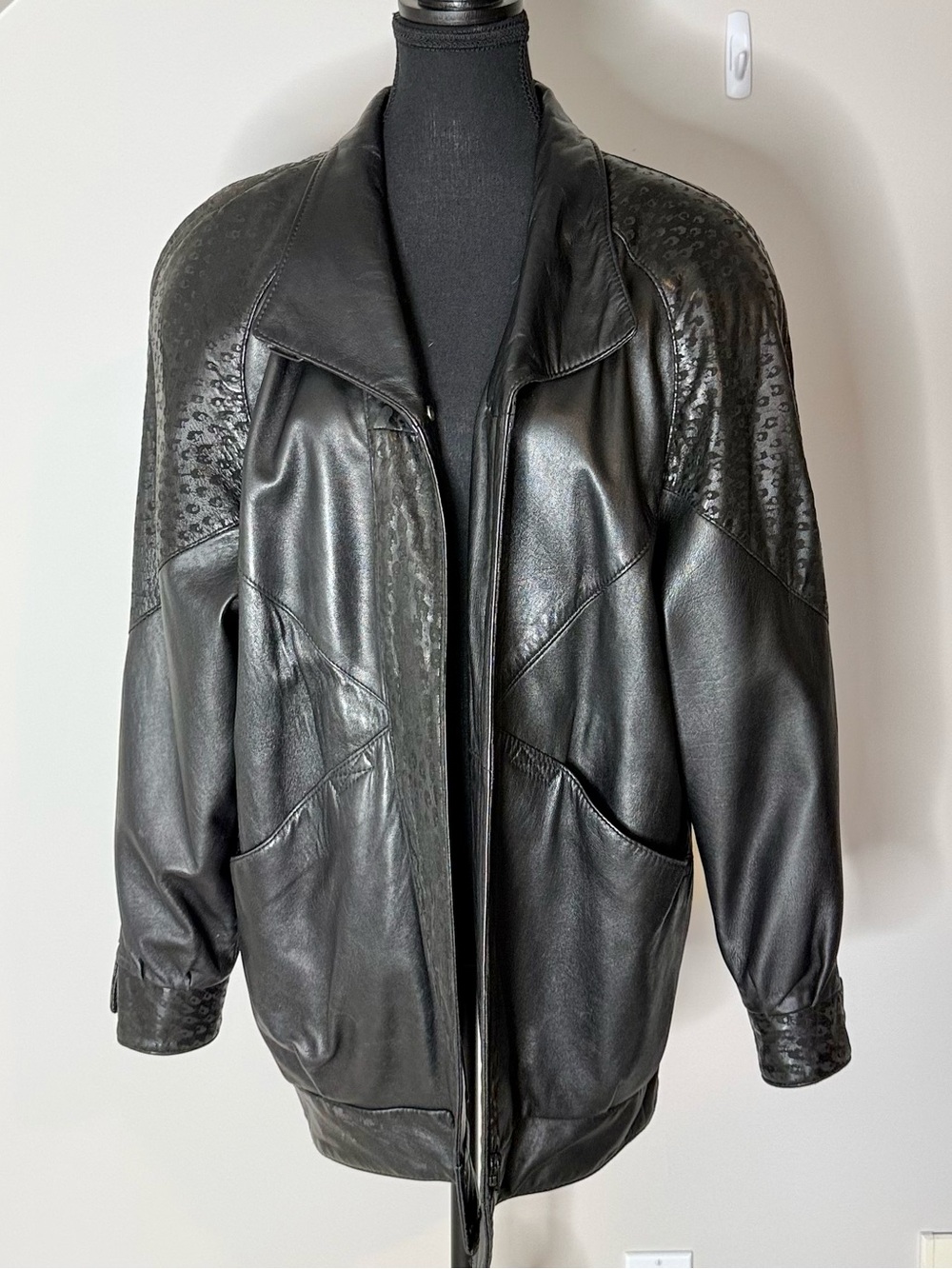 BRAEMAR Diane Charles Vintage 80’s Black Leather Jacket Zipper Oversized Medium - Picture 4 of 14